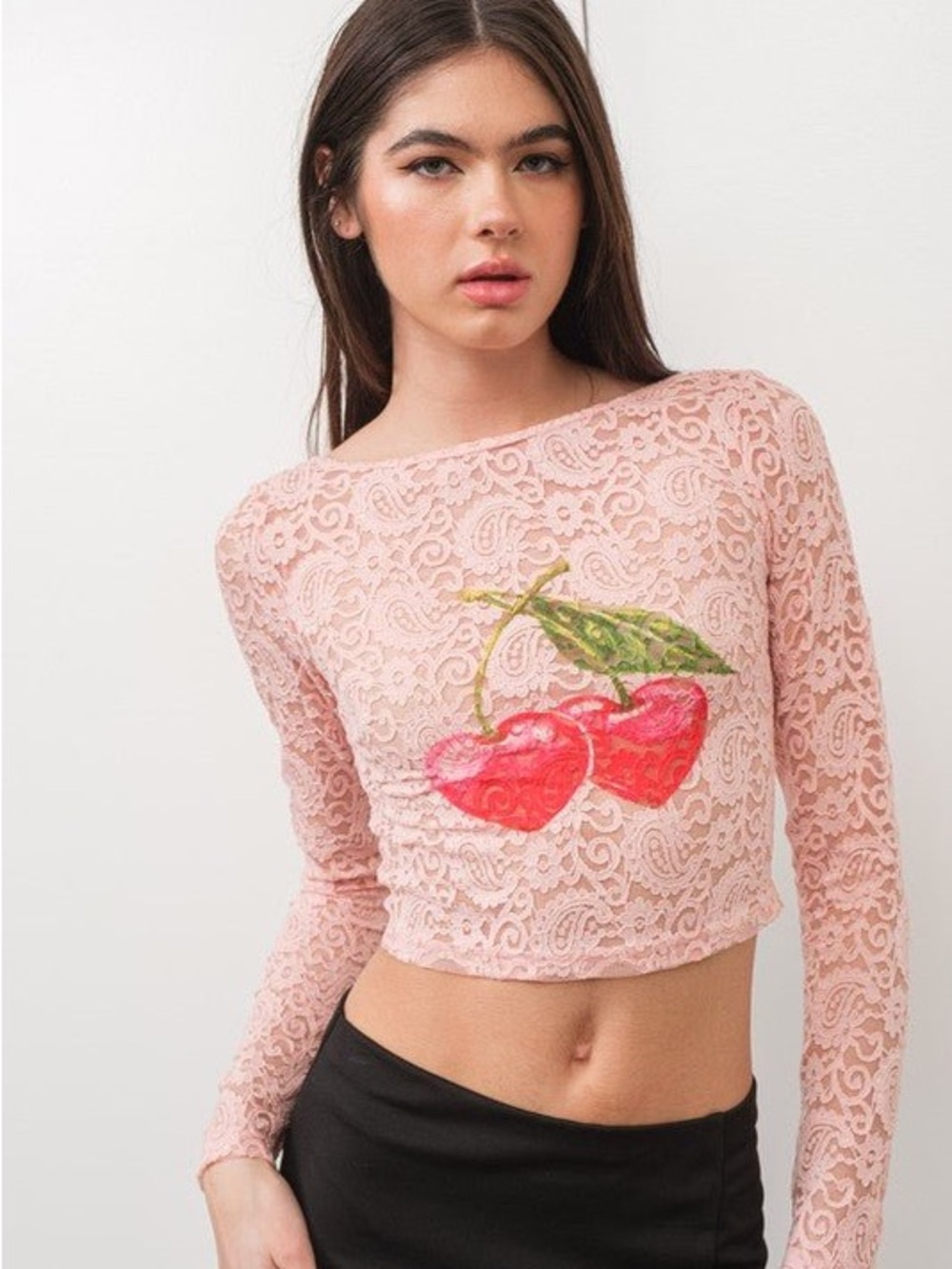 Pink Lace Long-Sleeve Crop Top with Cherry Graphic
